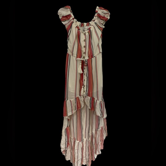 Vintage Havana hi low ruffle off shoulder flowy maxi dress linen striped S - Picture 7 of 7